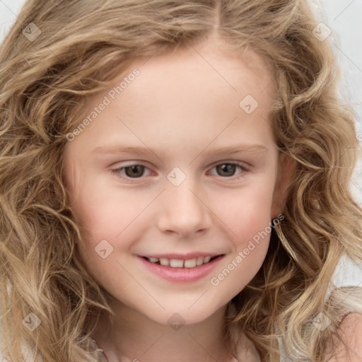 Joyful white child female with long  brown hair and brown eyes