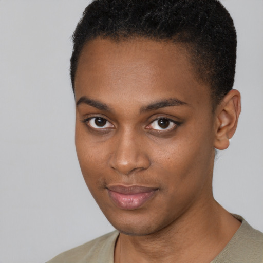 Neutral black young-adult female with short  black hair and brown eyes
