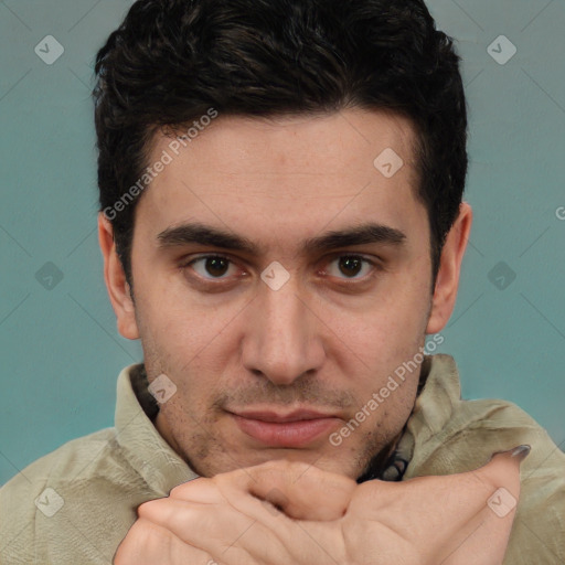 Neutral white adult male with short  brown hair and brown eyes