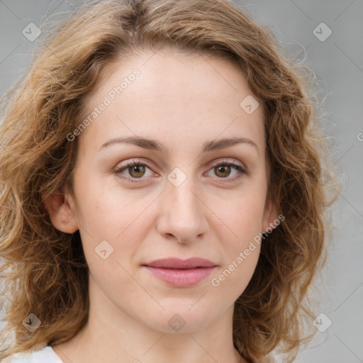 Joyful white young-adult female with medium  brown hair and green eyes