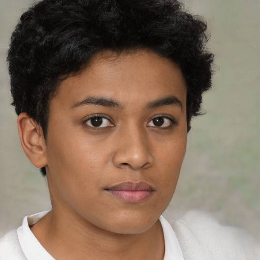 Neutral latino young-adult female with short  brown hair and brown eyes