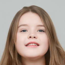 Joyful white child female with long  brown hair and grey eyes