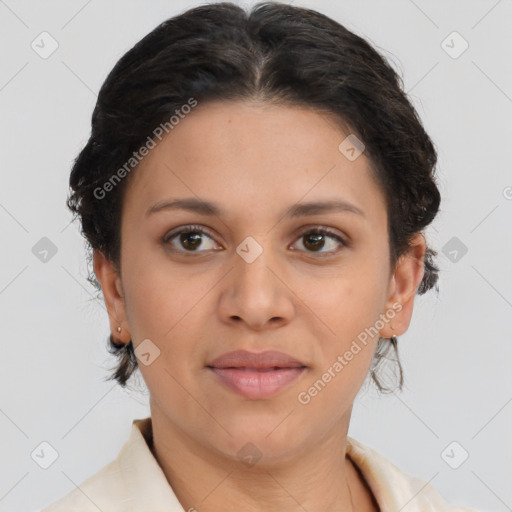 Joyful latino young-adult female with medium  brown hair and brown eyes