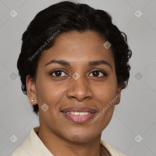 Joyful latino young-adult female with short  brown hair and brown eyes