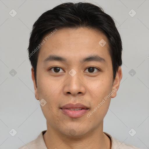 Neutral asian young-adult male with short  brown hair and brown eyes