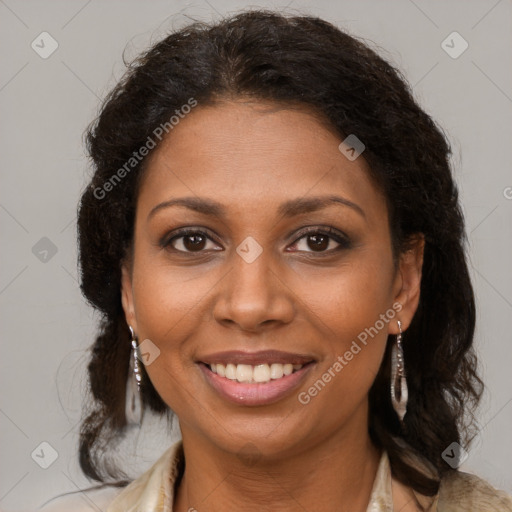 Joyful black young-adult female with medium  brown hair and brown eyes