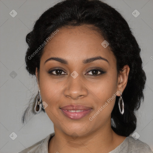 Joyful black young-adult female with medium  black hair and brown eyes