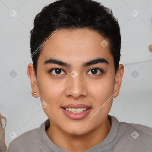 Joyful white young-adult male with short  black hair and brown eyes