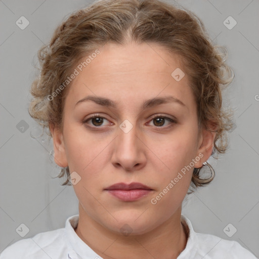 Neutral white young-adult female with medium  brown hair and brown eyes