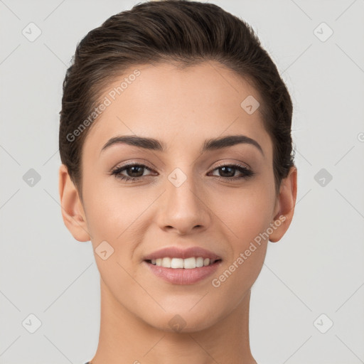 Joyful white young-adult female with short  brown hair and brown eyes