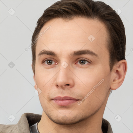 Neutral white young-adult male with short  brown hair and brown eyes