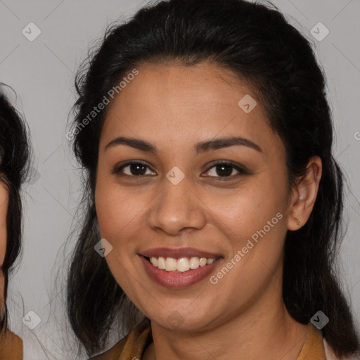 Joyful white young-adult female with long  brown hair and brown eyes