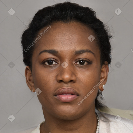 Neutral black young-adult female with short  brown hair and brown eyes