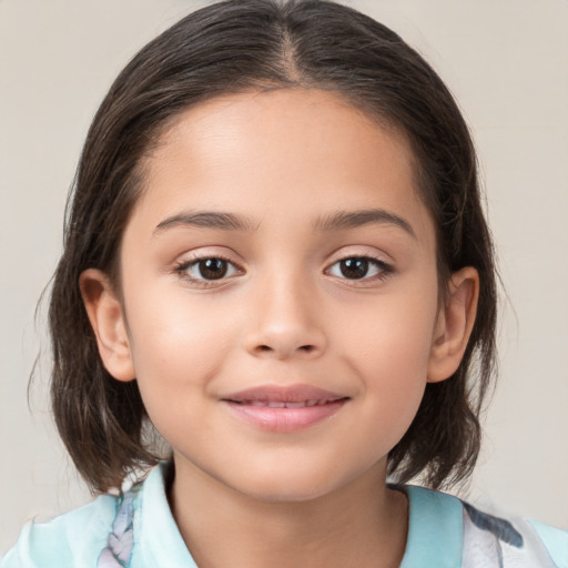 Joyful white child female with medium  brown hair and brown eyes