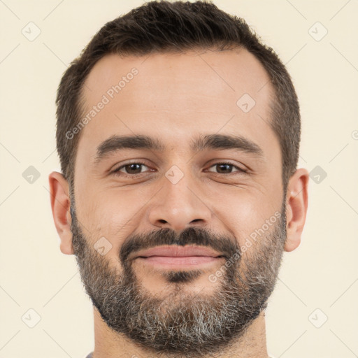 Neutral white young-adult male with short  brown hair and brown eyes