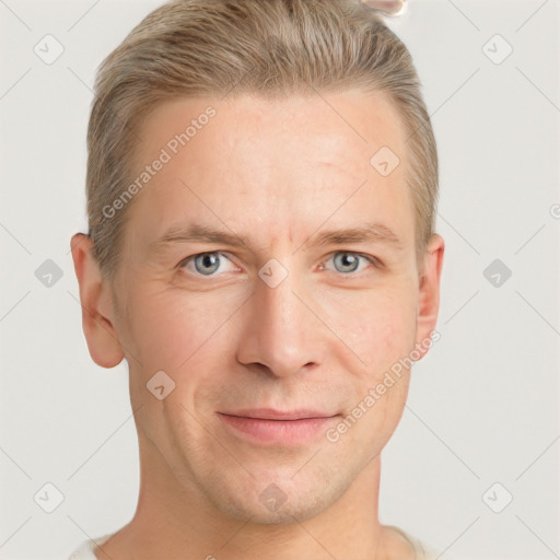 Neutral white adult male with short  brown hair and grey eyes