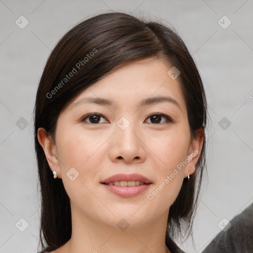 Joyful white young-adult female with medium  brown hair and brown eyes