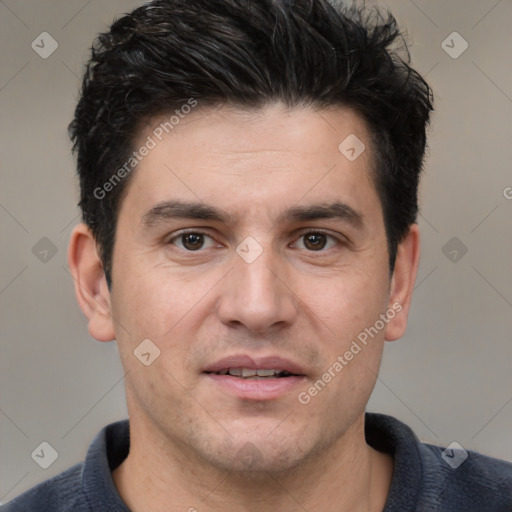 Joyful white young-adult male with short  black hair and brown eyes