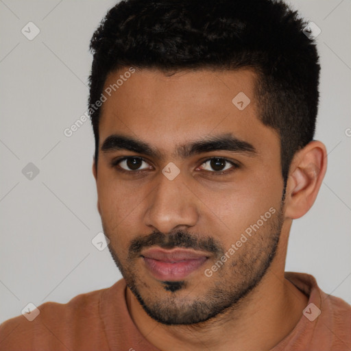 Neutral latino young-adult male with short  black hair and brown eyes
