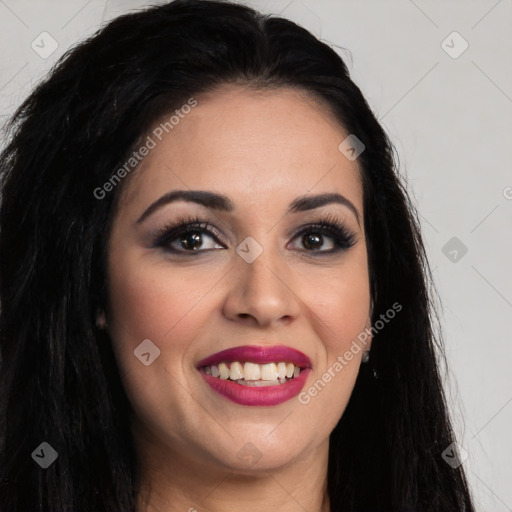 Joyful latino young-adult female with long  brown hair and brown eyes