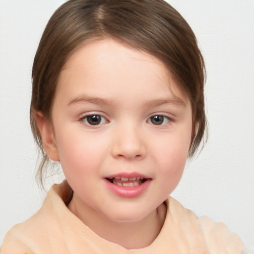 Joyful white child female with medium  brown hair and brown eyes