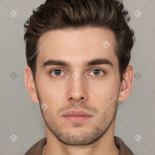 Neutral white young-adult male with short  brown hair and brown eyes