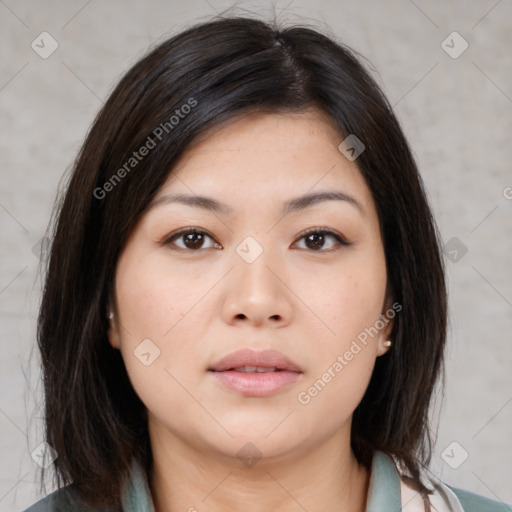 Neutral asian young-adult female with medium  brown hair and brown eyes