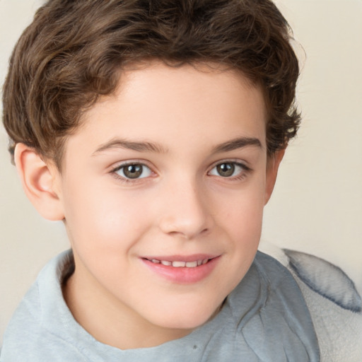 Joyful white child female with short  brown hair and brown eyes