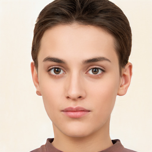 Neutral white young-adult female with short  brown hair and brown eyes