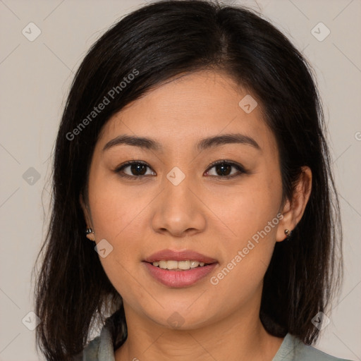 Joyful asian young-adult female with medium  brown hair and brown eyes