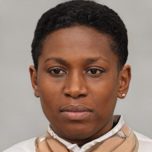 Neutral latino young-adult female with short  black hair and brown eyes