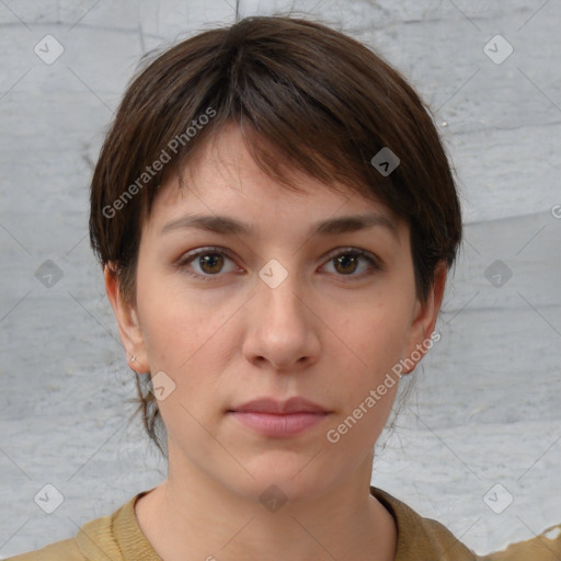 Neutral white young-adult female with short  brown hair and brown eyes