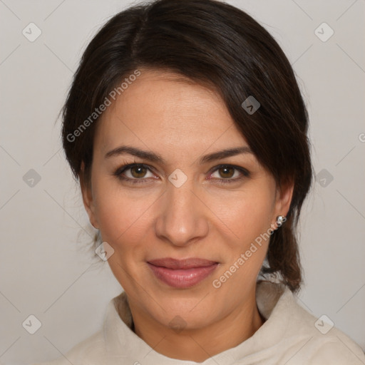 Joyful white adult female with medium  brown hair and brown eyes