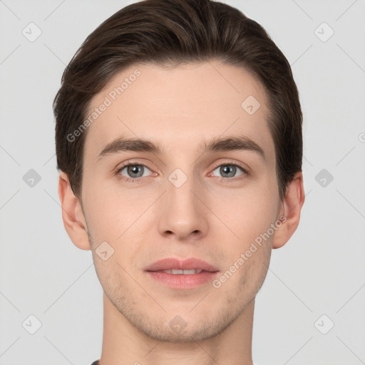 Neutral white young-adult male with short  brown hair and brown eyes