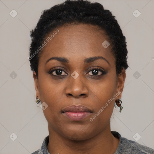 Neutral black young-adult female with short  black hair and brown eyes