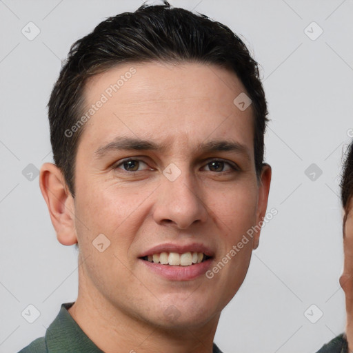 Joyful white young-adult male with short  brown hair and brown eyes