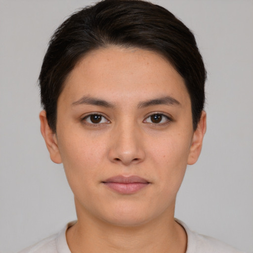 Neutral white young-adult female with short  brown hair and brown eyes