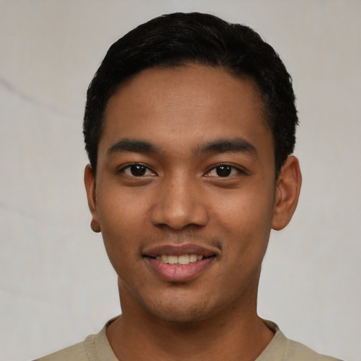 Joyful latino young-adult male with short  black hair and brown eyes