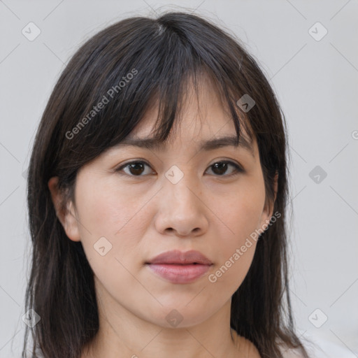 Neutral white young-adult female with medium  brown hair and brown eyes