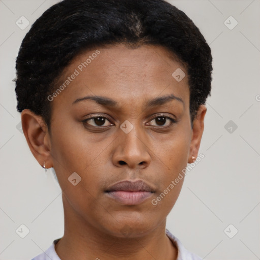 Neutral black young-adult female with short  brown hair and brown eyes