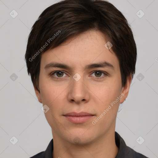 Neutral white young-adult male with short  brown hair and brown eyes