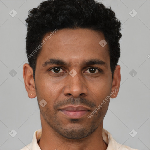 Neutral latino young-adult male with short  black hair and brown eyes