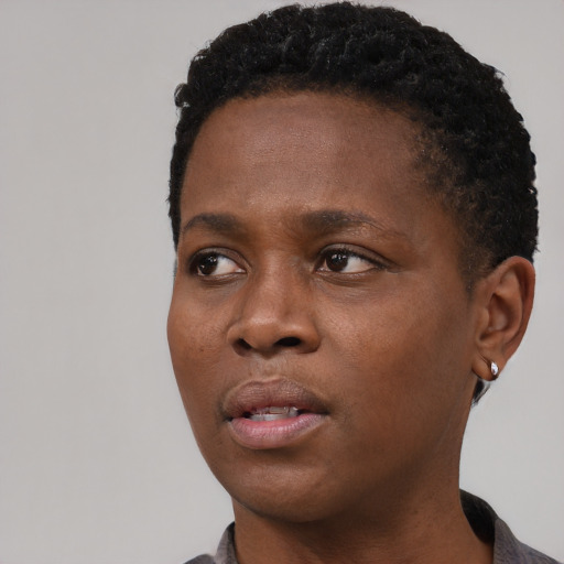 Neutral black young-adult female with short  black hair and brown eyes