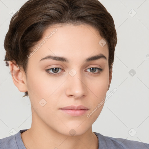 Neutral white young-adult female with short  brown hair and brown eyes