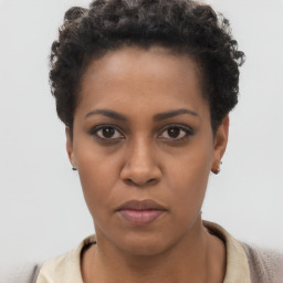 Neutral black young-adult female with short  black hair and brown eyes