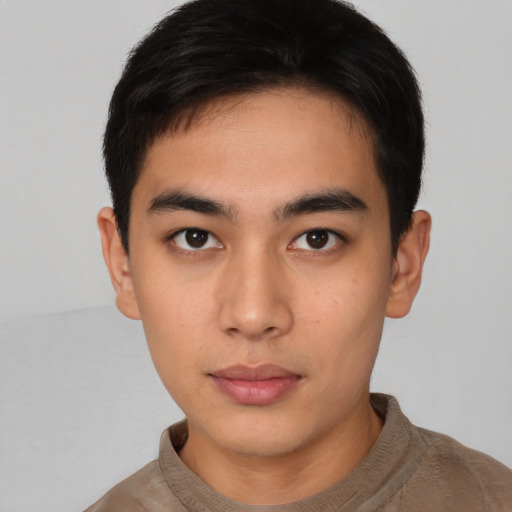 Neutral asian young-adult male with short  black hair and brown eyes