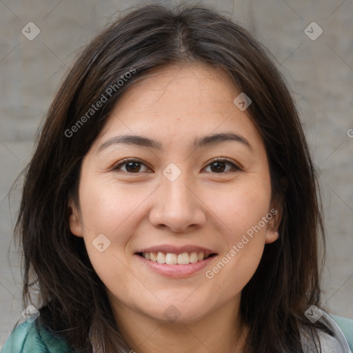 Joyful white young-adult female with medium  brown hair and brown eyes