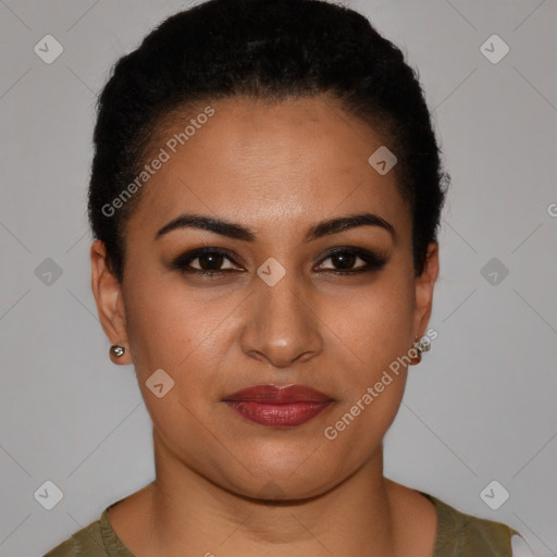 Joyful latino young-adult female with short  brown hair and brown eyes