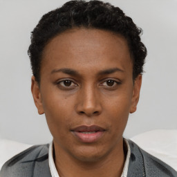 Neutral black young-adult female with short  black hair and brown eyes