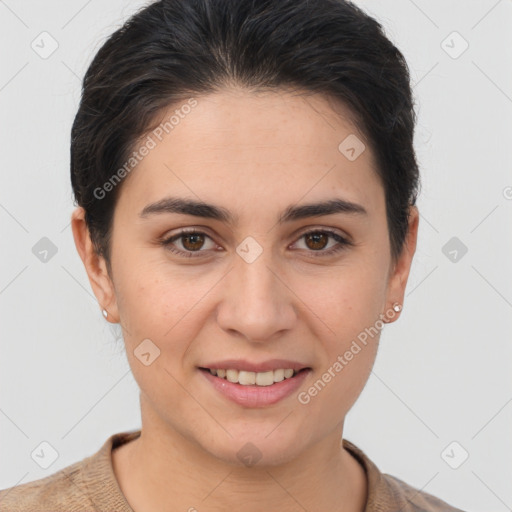 Joyful white young-adult female with short  brown hair and brown eyes